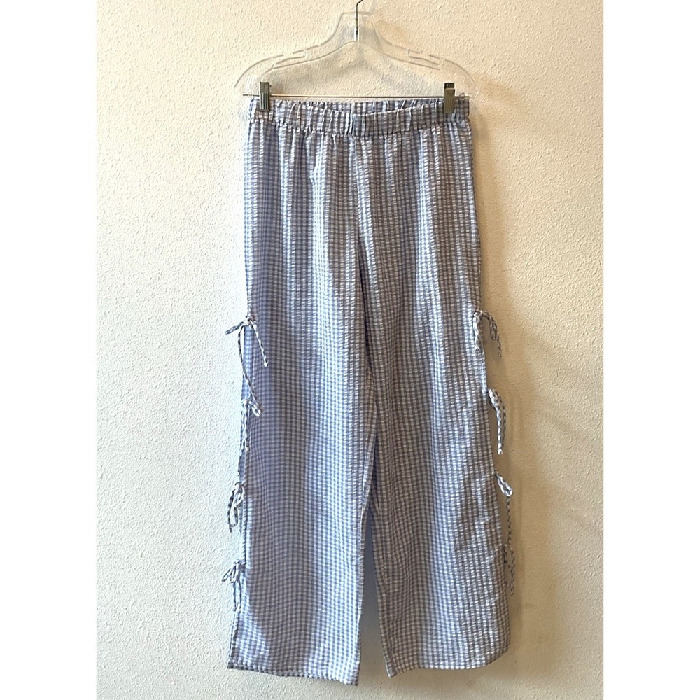 Originality Women's Crop Tie Pant‎ Blue White Gingham Bows Size M